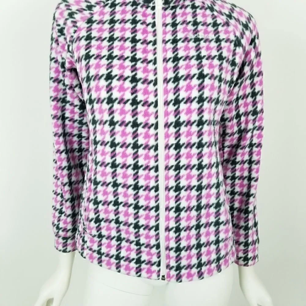 Columbia Girl's Size Large Pink & Black Houndstooth Zip Up Fleece Jacket